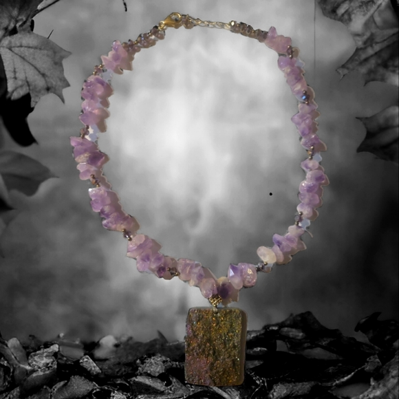 Artistic Amethyst Purple Clear Crystal Necklace Druzy Pyrite Agate Pendant - Picture 4 of 6